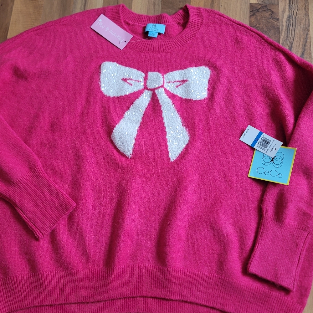NWT CeCe XL Pink Sequin Bow Sweater Cute Feminine Statement Knit Top